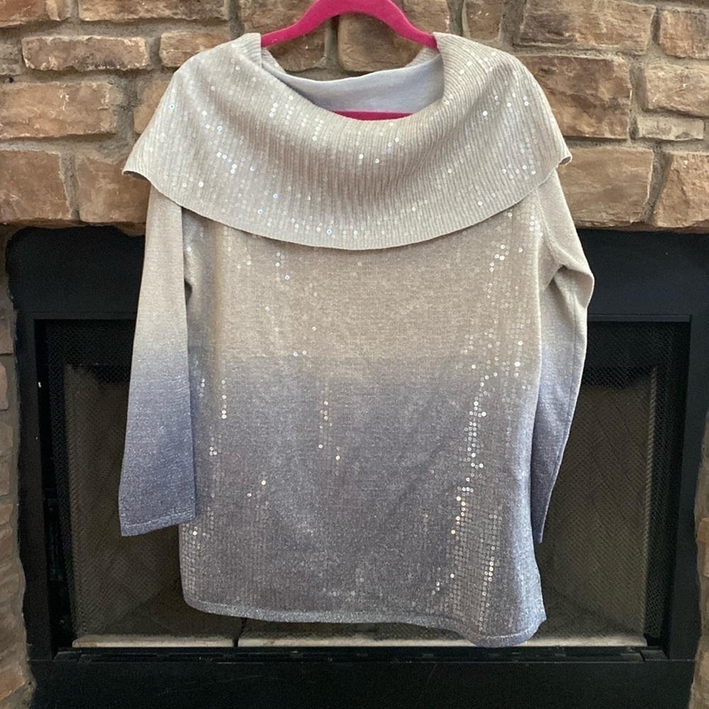 Gray sequin ombre sweater with cowl neckline. Size XL